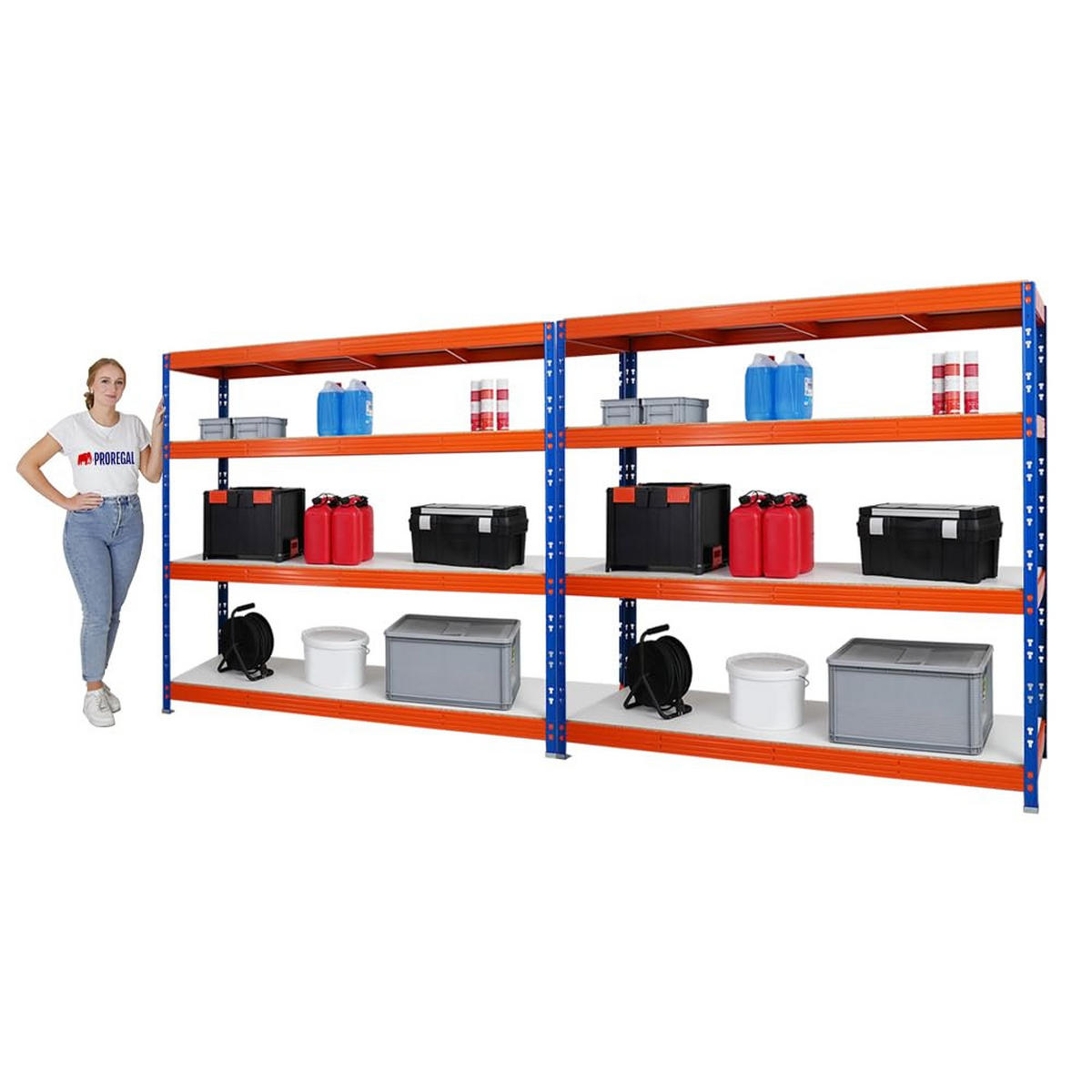 SCHWERLASTREGAL Rhino 2er-Set mit 2x 180x200x60 cm 4 Melamin-Ebenen 16mm Fachlast 500 kg Blau-Orange - Orange, Metall (400/180/60cm) - PROREGAL