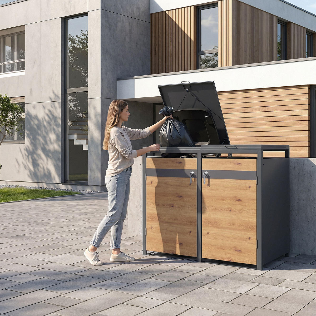 MÜLLTONNENBOX 2er Anthrazit-Eichenoptik - Braun, Metall (132/120/80cm) - ML-DESIGN