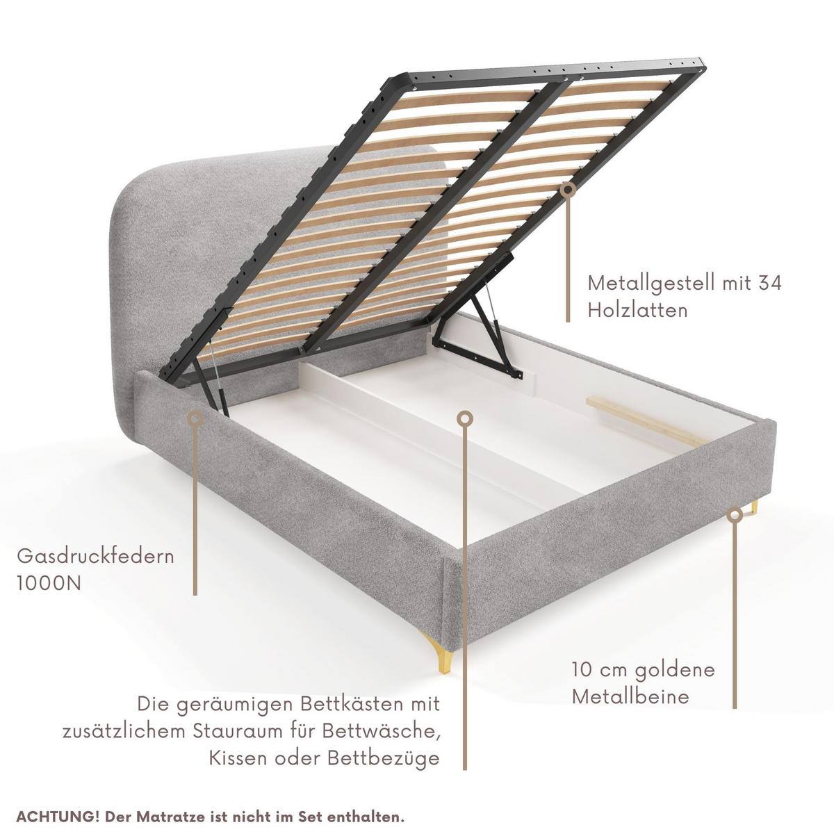 POLSTERBETT LANA Bettkasten Lattenrost 160x200 Grau - Grau, Holz (160/200cm) - Furnistar
