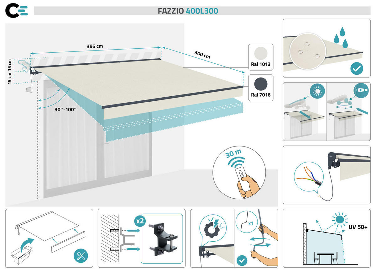 HALBKASSETTENMARKISE Fazzio Beige 4m x 3m motorisierte - Premium-Leinwand 320g/m² - Beige, Metall (400/270/300cm) - Cazeboo
