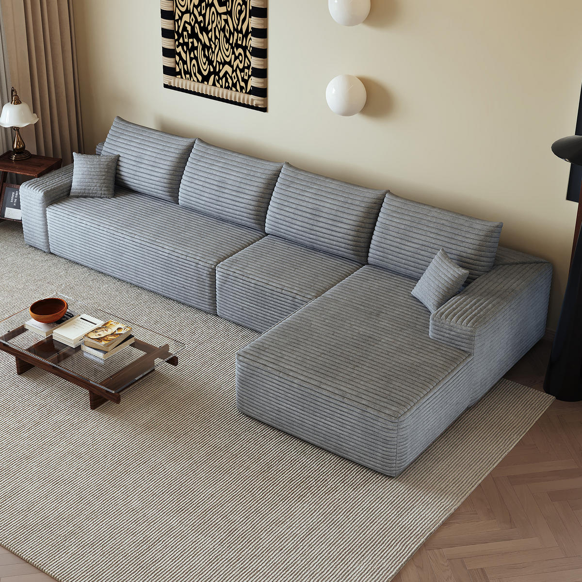 ECKSOFA 340/175/83 cm Grau mit L-förmiger Chaiselongue, Rechte Seite - Grau, Textil (340/175cm) - Oxeza