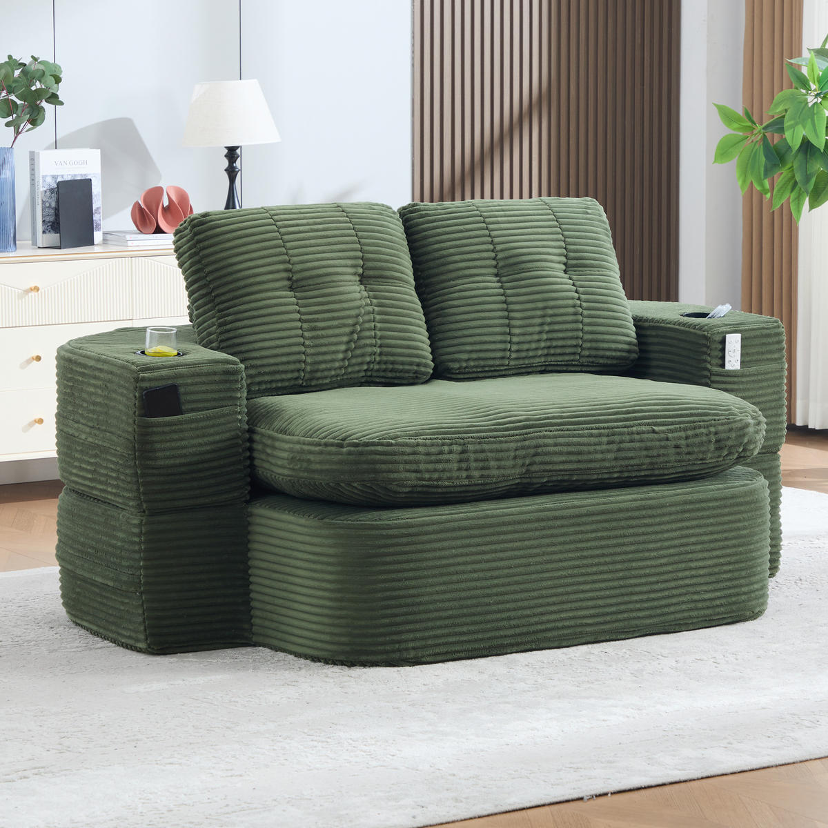 SOFA mit Liegefunktion und Getränkehaltern aus Cord in Smaragdgrün - Smaragdgrün, Textil (165/61/97cm) - EVRYAE