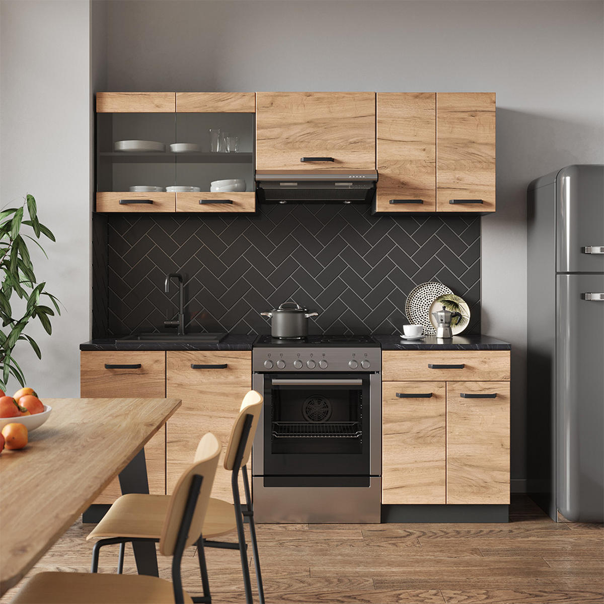 KÜCHENZEILE R-Line Goldkraft Eiche/Anthrazit 200 cm, AP Marmor - Honigeiche/Anthrazit, Holzwerkstoff (200/81.6/60cm) - Vicco