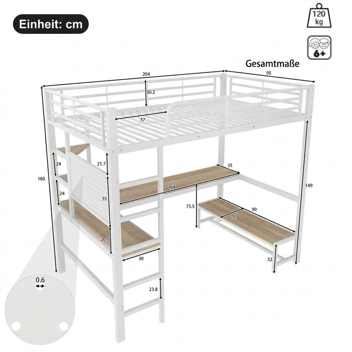 HOCHBETT 90/200 cm Weiß mit Schreibtisch, mehrstöckiges Regal und LED-Lichtleiste - Weiß, Metall (90/200cm) - Oxeza