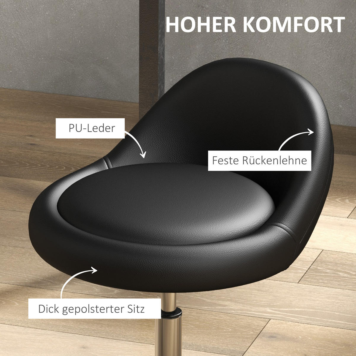 ROLLHOCKER, Höhenverstellbarer, Schwarz - Schwarz, Leder (35/83/35cm) - HOMCOM