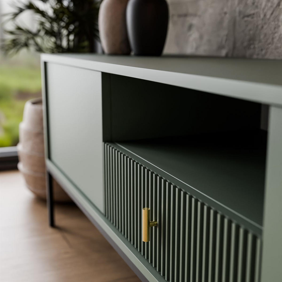 TV-ELEMENT MIDNIGHT mit Schubladen auf Gestell grün - Schwarz/Grün, Holzwerkstoff (154.5/52.5/39cm) - Lookway