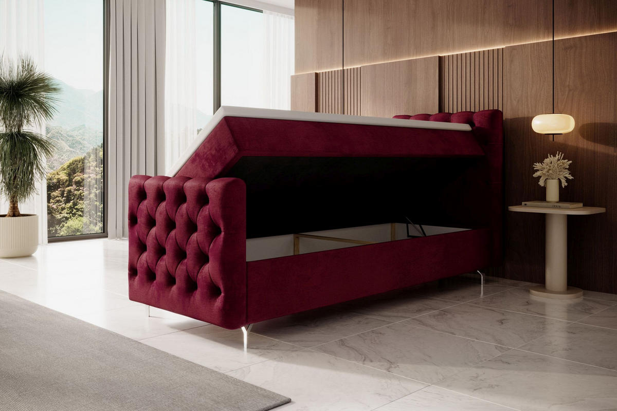 BOXBETT CHESTER PLUS mit Matratze H3, Bonell und Topper 80x200 Monolith 59 Rechts - Rot, Textil (80/200cm) - Bedante
