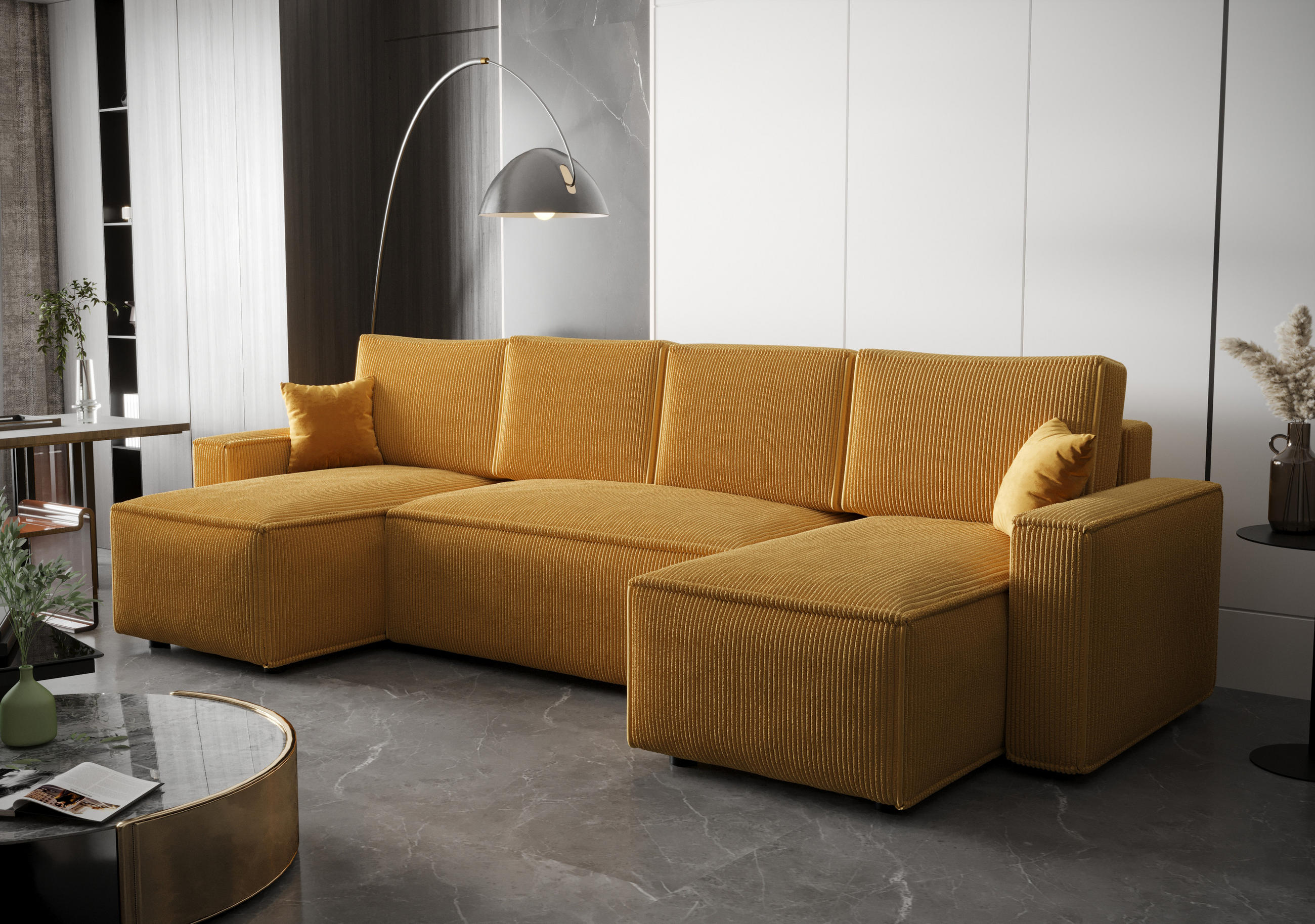 WOHNLANDSCHAFT U AMBRO Poso 01 mit Schlaffunktion U-Form, Sofa mit Stauraum - Orange, Textil (300/85/143cm) - Bedante