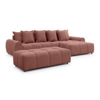 ECKSOFA inkl. Hocker Bubble mit Schlaffunktion und losen Rückenkissen, Sitzfläche Bubble-Optik aus weichem Terrakotta Strukturstoff - Ottomane Rechts - Terracotta/Schwarz, Holz/Kunststoff (306/180cm) - S-Style Möbel