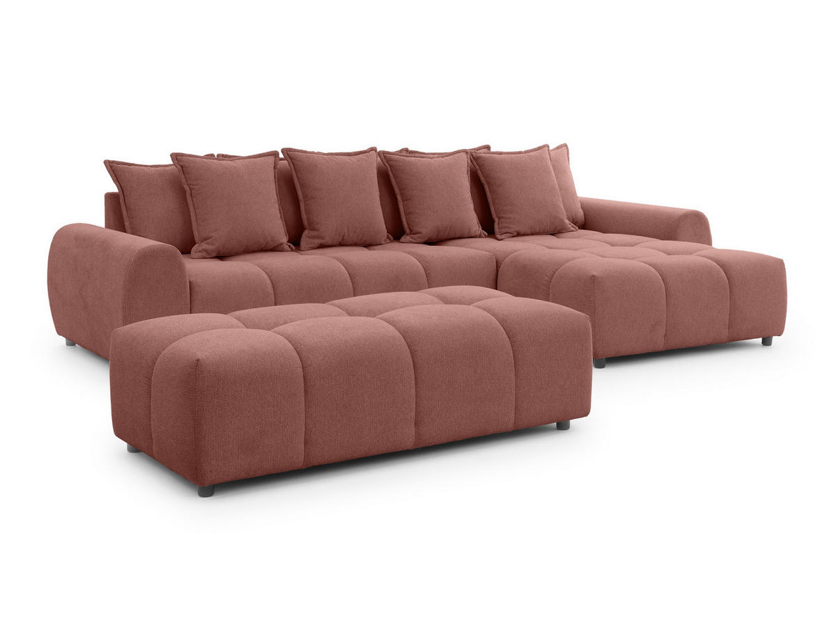 ECKSOFA inkl. Hocker Bubble mit Schlaffunktion und losen Rückenkissen, Sitzfläche Bubble-Optik aus weichem Terrakotta Strukturstoff - Ottomane Rechts - Terracotta/Schwarz, Holz/Kunststoff (306/180cm) - S-Style Möbel