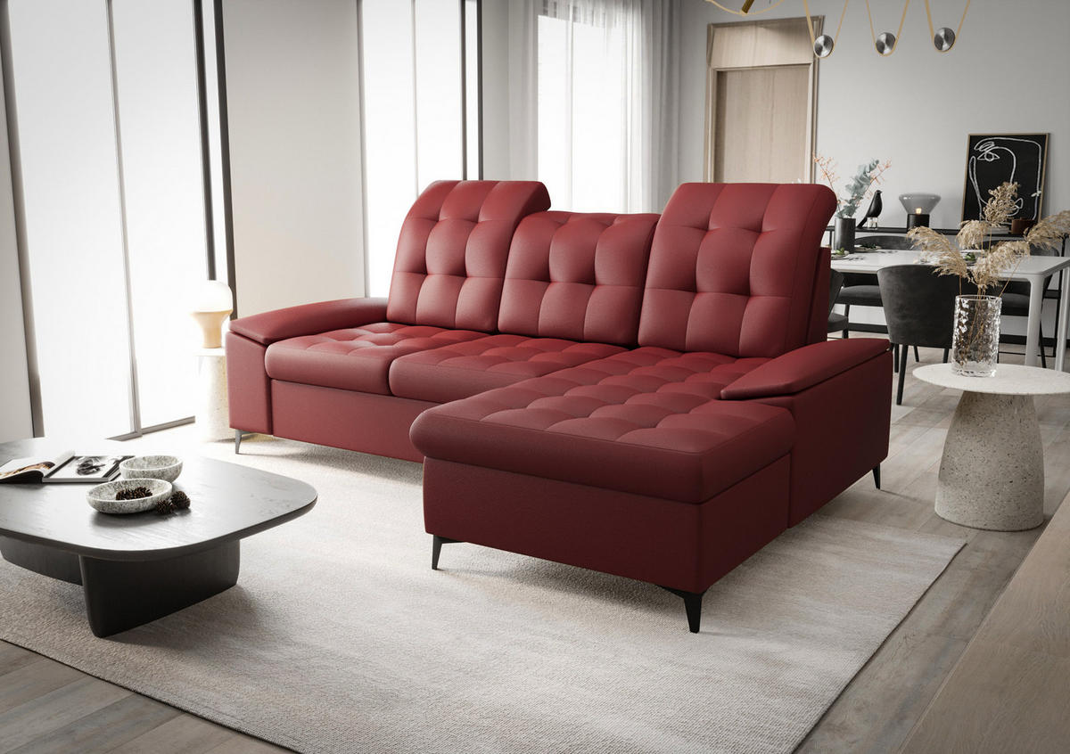 ECKSOFA KONGO RBN18, Eckcouch in L-Form mit Schlaffunktion, Farbe: Rot, Kunstleder, Ottomane Rechts - Rot, Textil (257/172cm) - O-Sofa