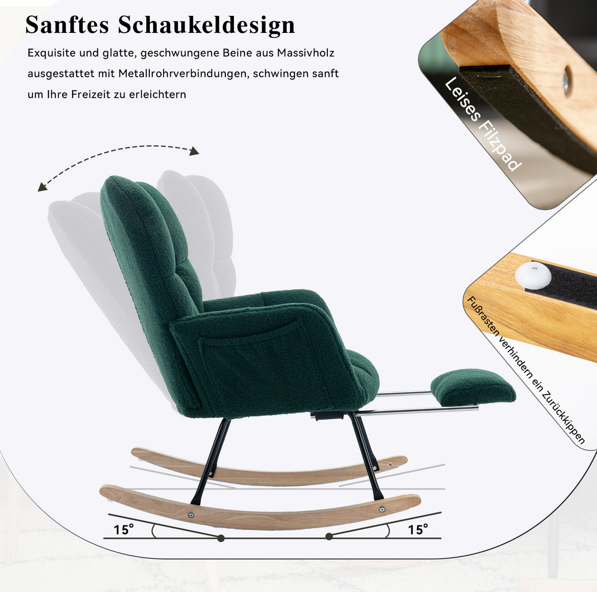SCHAUKELSTUHL 80/98/98,5 cm grün aus Lammfell-Optik mit Fußstütze - Grün, Textil (98/98.5/80cm) - OKWISH