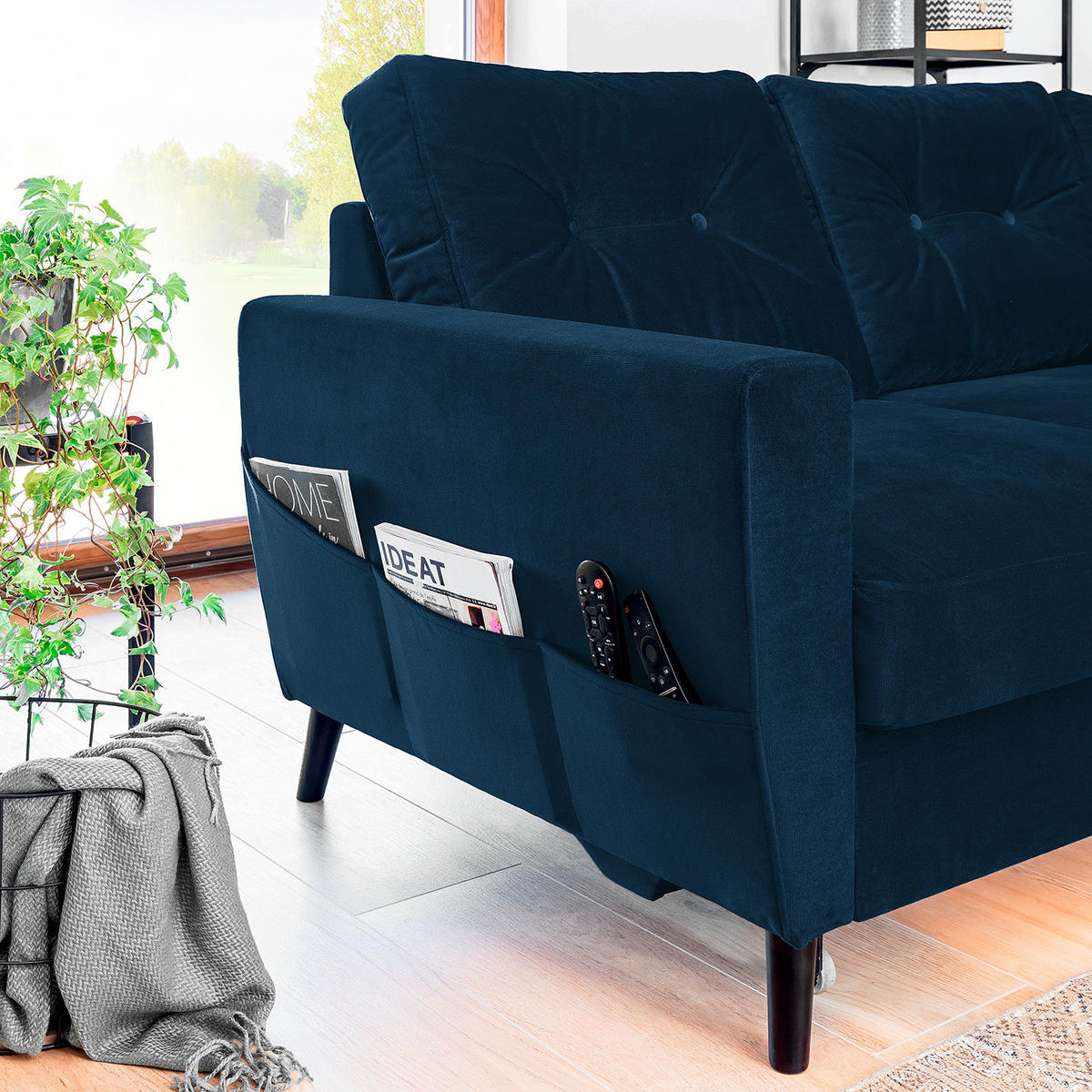 ECKSOFA mit Longchair - Petrol/Schwarz, Buchenholz/Textil (233/148cm) - home24