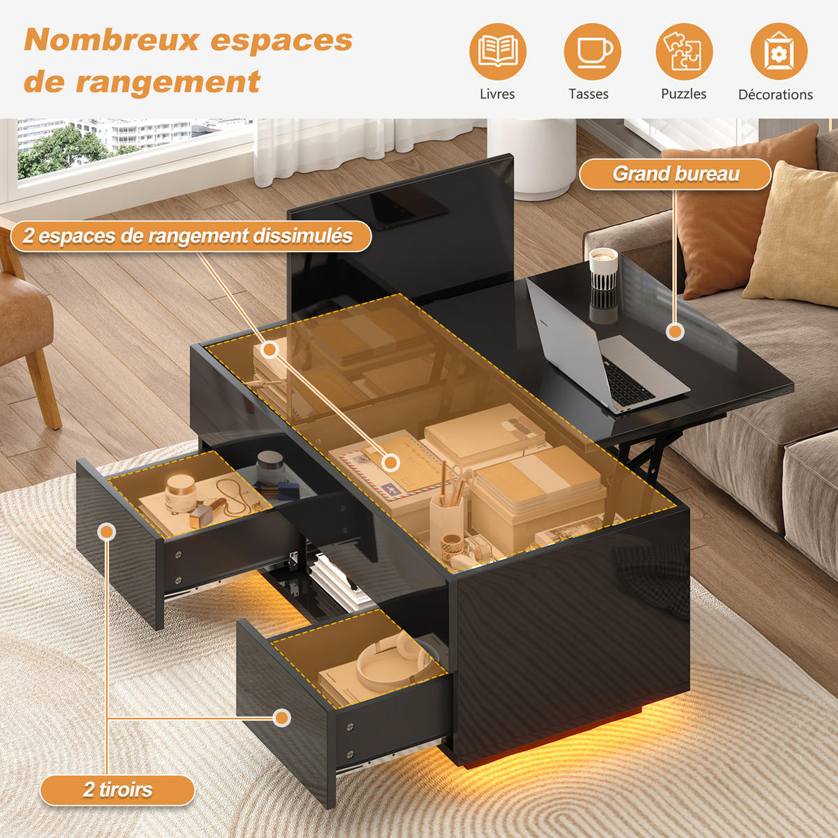 COUCHTISCH 100/45/43 cm Schwarz aus Holzwerkstoff mit höhenverstellbarer Tischplatte LED und 2 Schubladen - Schwarz, Holzwerkstoff (100/45/43cm) - OKWISH