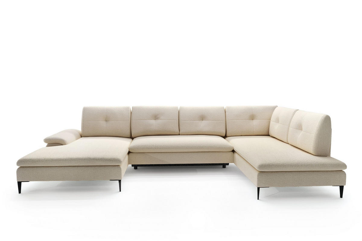 WOHNLANDSCHAFT BREZZA Beige Plüsch-Stoff mit Schlaffunktion - Beige, Holz (350/87/205cm) - MASSENO