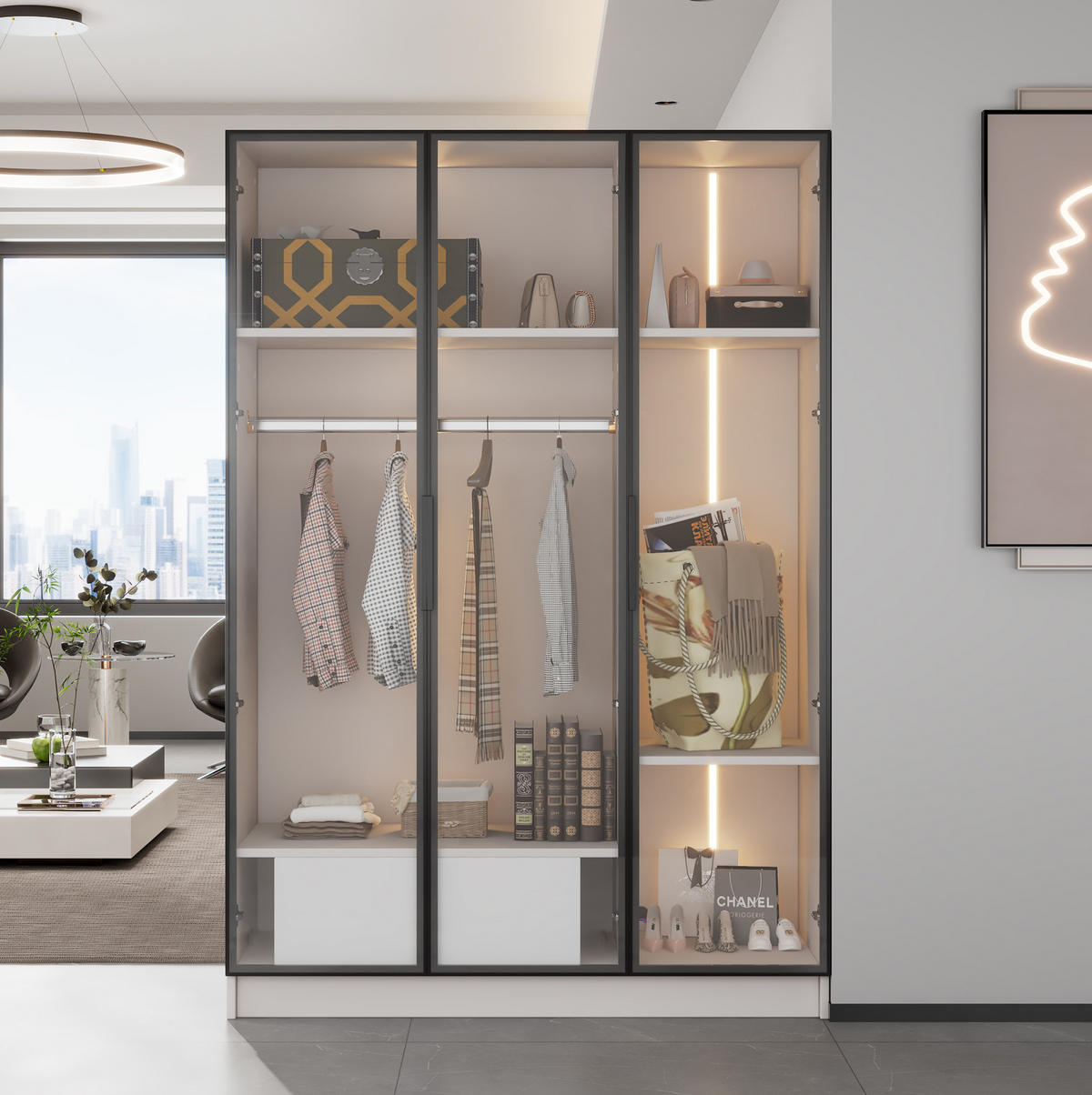 KLEIDERSCHRANK 110/160/50 cm Weiß aus Spanplatte mit LED-Beleuchtung - Weiß, Holzwerkstoff (50/160/110cm) - OKMYHOME