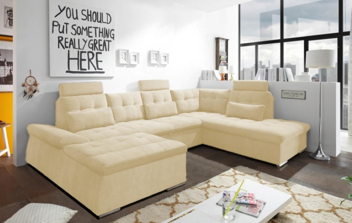 WOHNLANDSCHAFT mit Schlaffunktion, Bettkasten, Armlehnfunktion und verstellbaren Kopfstützen - Chromfarben/Beige, Textil (219/103/324cm) - ed exciting design