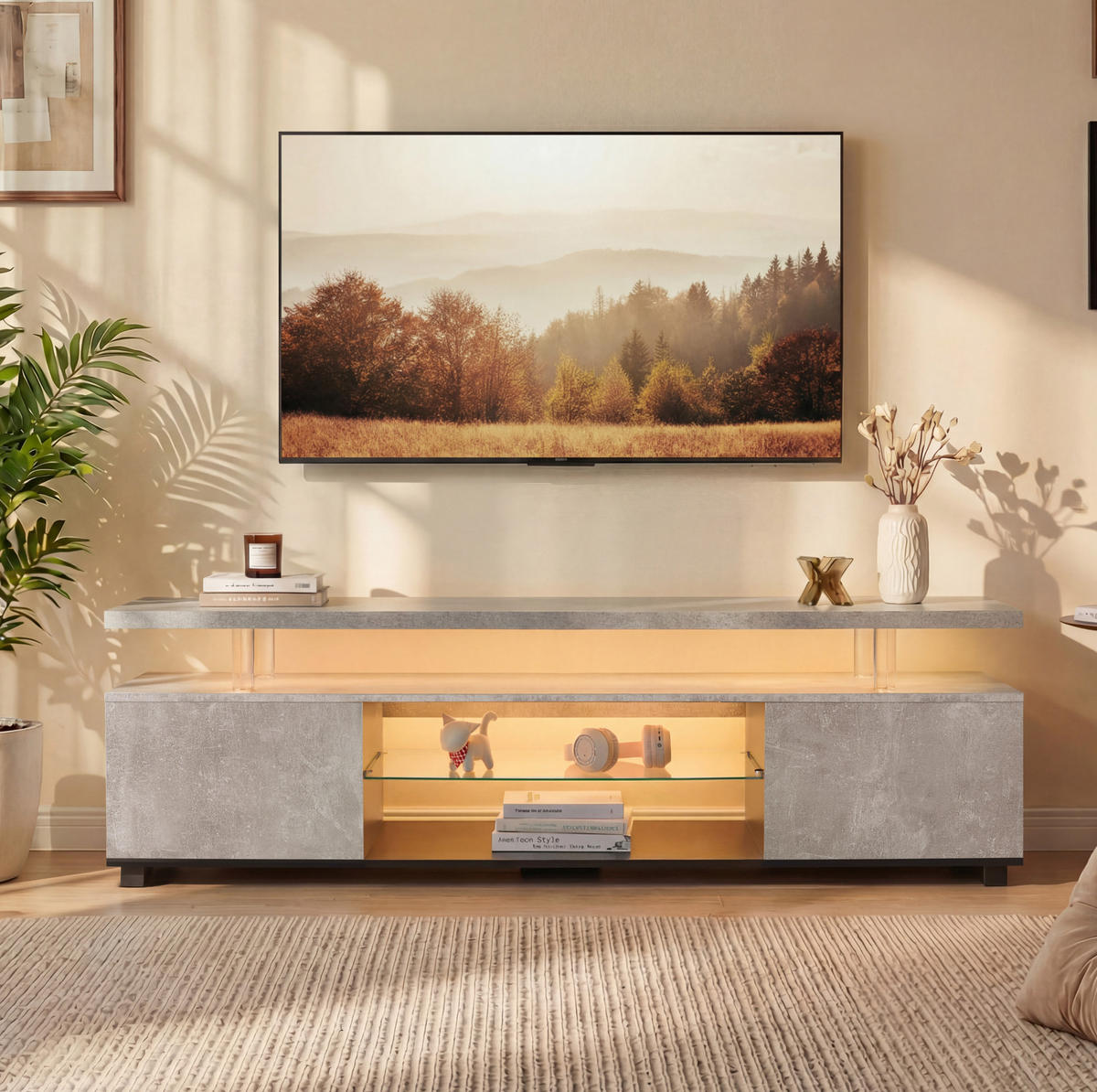 TV-LOWBOARD aus Holzwerkstoff 130x40x48 cm Grau/Schwarz mit LED-Beleuchtung, offenen und geschlossenen Fächern - Schwarz, Holzwerkstoff (130/48/40cm) - Modfu