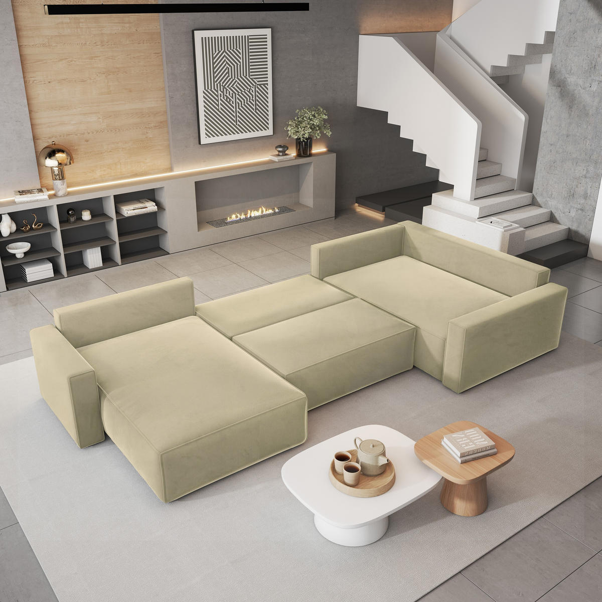 WOHNLANDSCHAFT VELAMI R-S Creme Velours-Stoff mit Schlaffunktion - Creme, Holz (365/83/194cm) - MASSENO