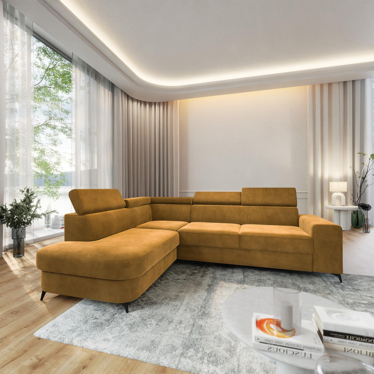 ECKSOFA ALVORO L-S Gelb Velours-Stoff mit Schlaffunktion - Gelb, Holz (253/190cm) - MASSENO