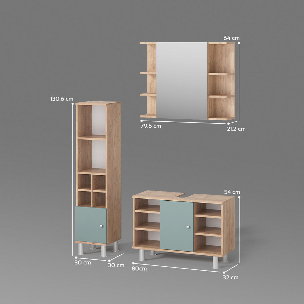 BADMÖBEL-SET Fucino Grün 3 Teile, mit Midischrank Tür klein - Eiche Wotan/Grün, Holzwerkstoff (80/54/32cm) - Livinity®