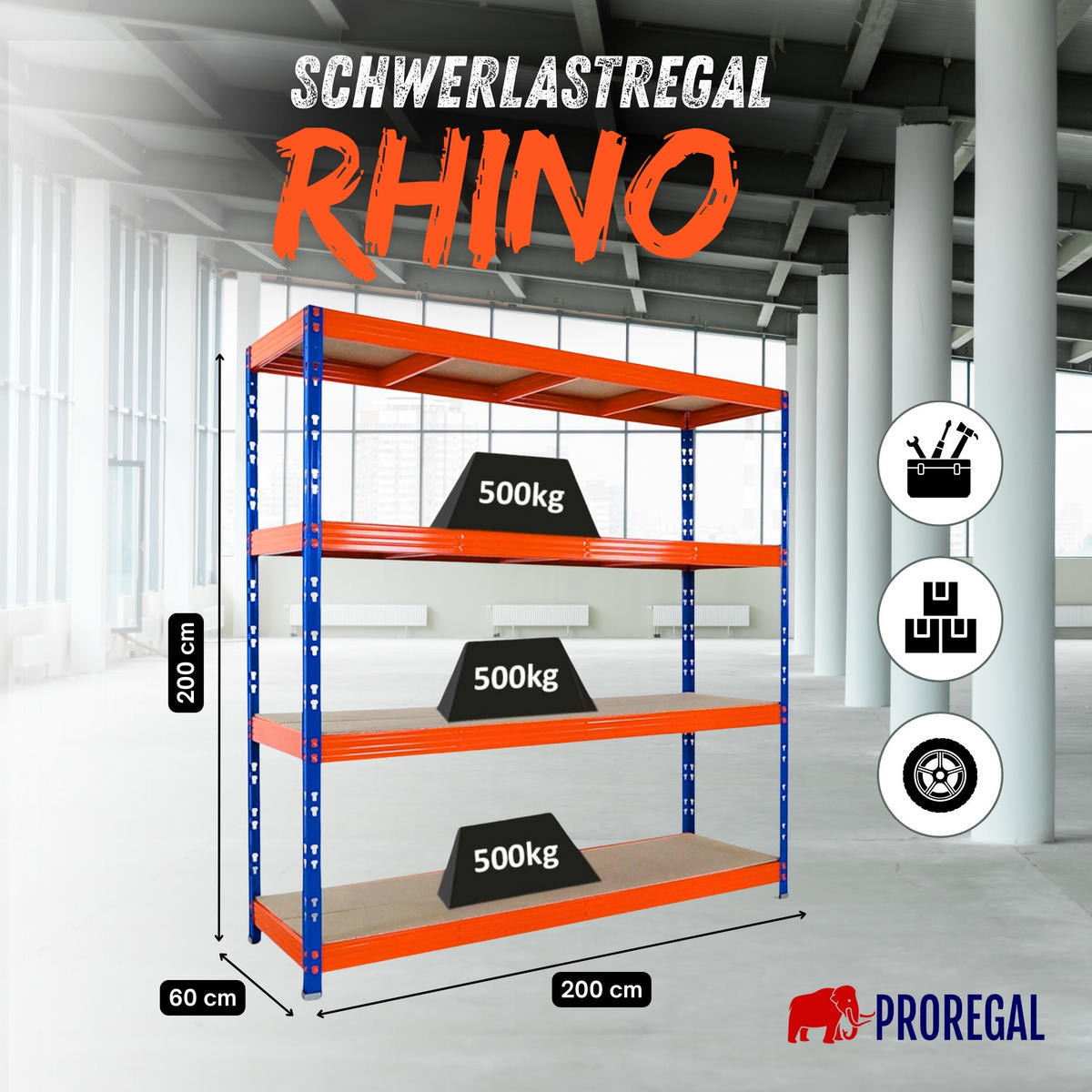 SCHWERLASTREGAL Rhino 200x200x60 cm 4 Spanplatten-Ebenen 8mm Fachlast 500 kg Blau/Orange - Blau/Orange, Metall (200/200/60cm) - PROREGAL