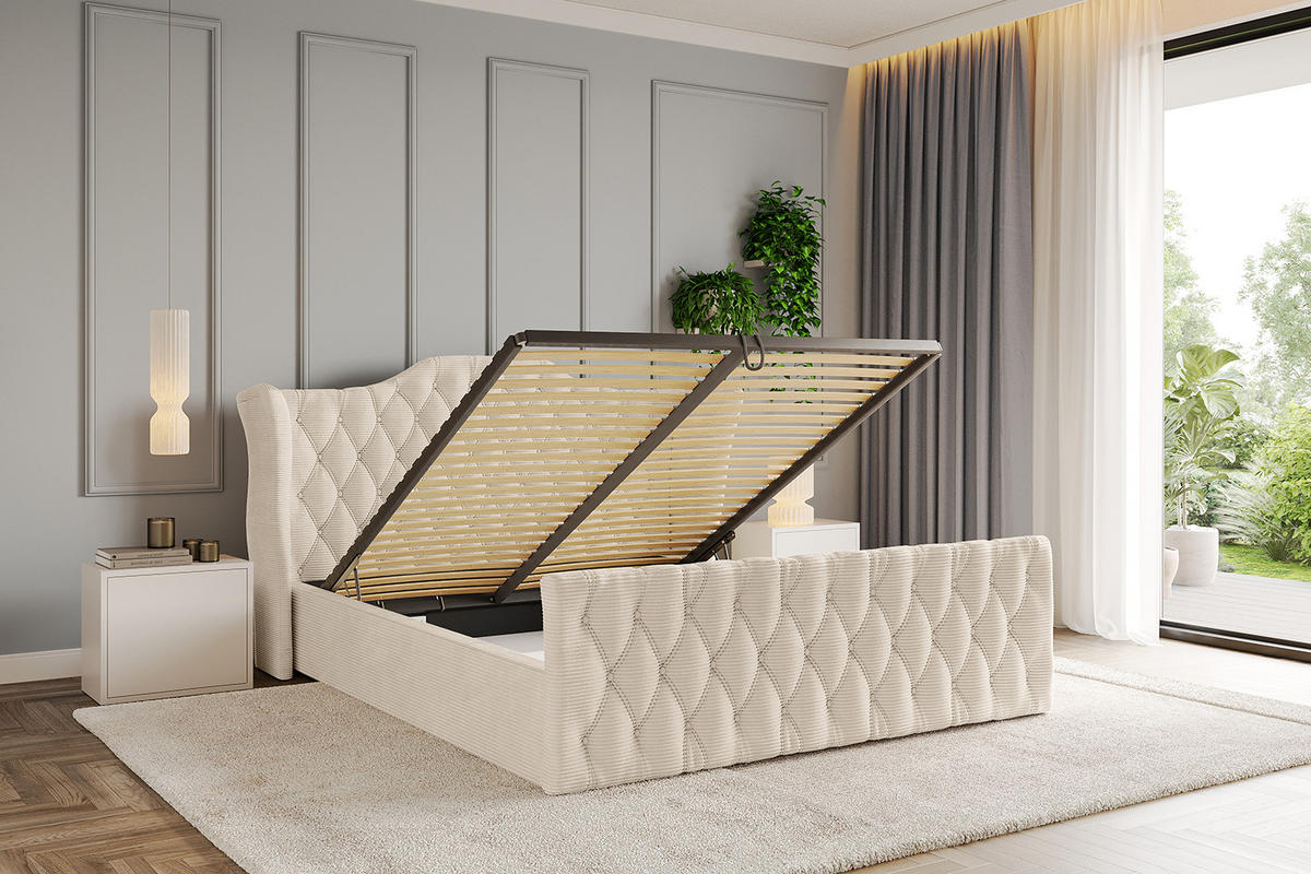 POLSTERBETT mit Bettkasten, Fußteil und Lattenrost, Boxbett mit Matratze H3/H4 - ZORAN-Z 180x200 Beige - Creme, Holzwerkstoff/Textil (180/200cm) - ALTDECOR
