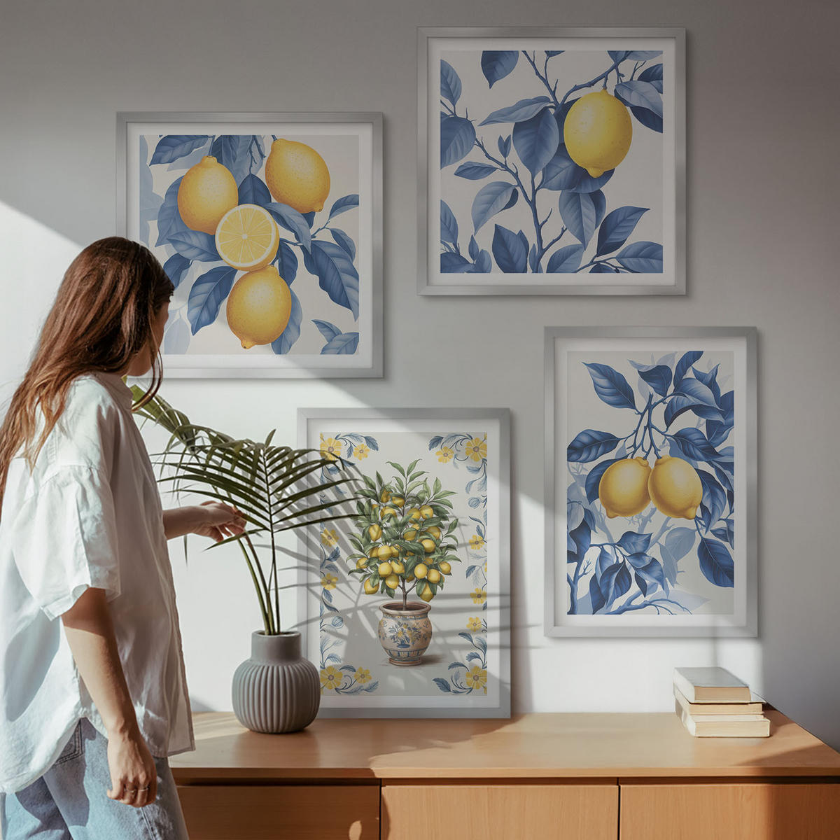 BILDER SET 4er Set - 50x50 cm & 40x60 cm Silberner Rahmen - Zitronenzweige mit blauen Blättern - Silberfarben, Kunststoff (50/50cm) - TULUP