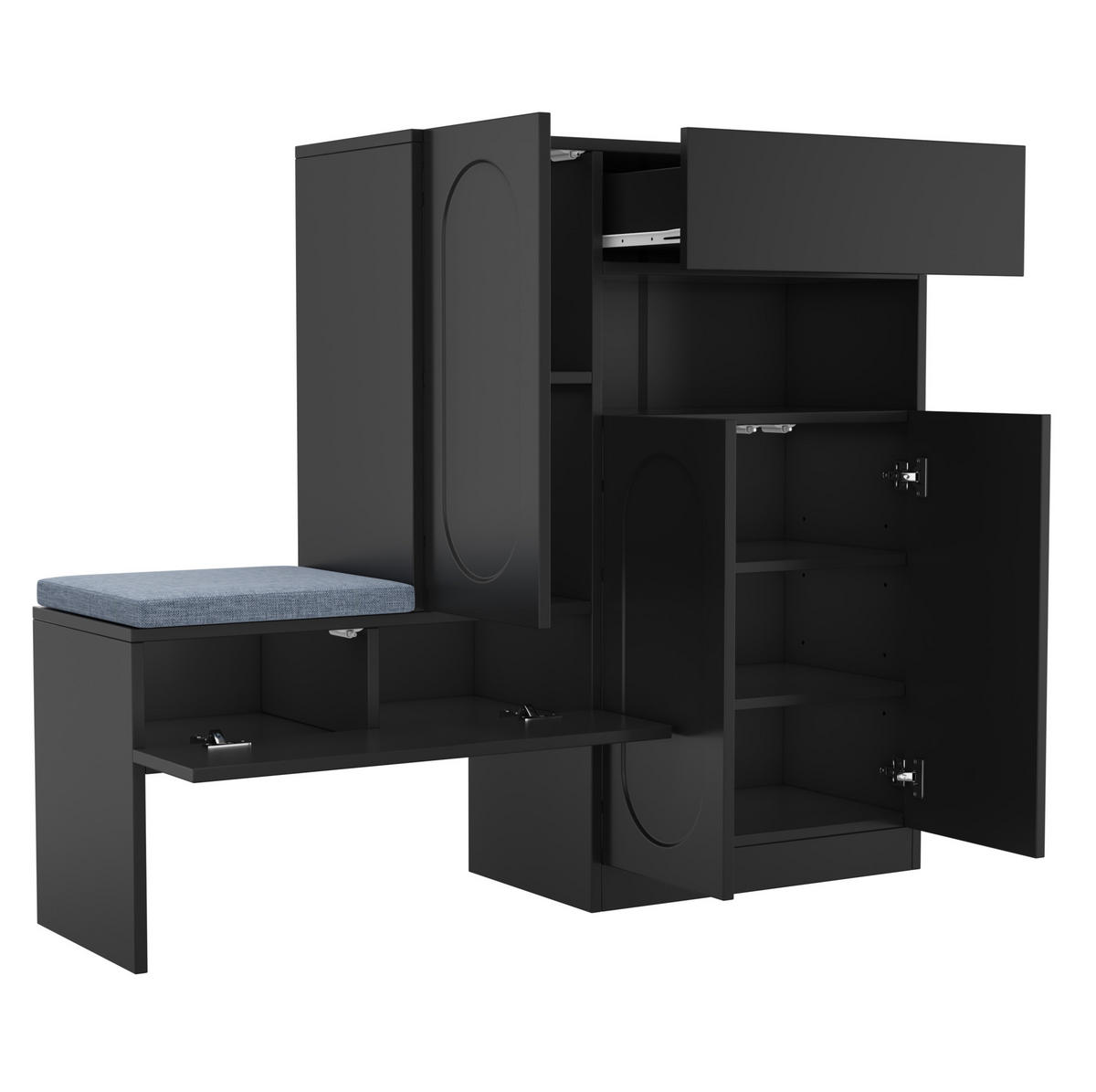 SCHUHSCHRANK aus Spanplatte 130/35/110 cm mit Sitzbank, Sanftschließfunktion und höhenverstellbaren Böden, Schwarz - Schwarz, Holzwerkstoff (130/110/35cm) - Redom