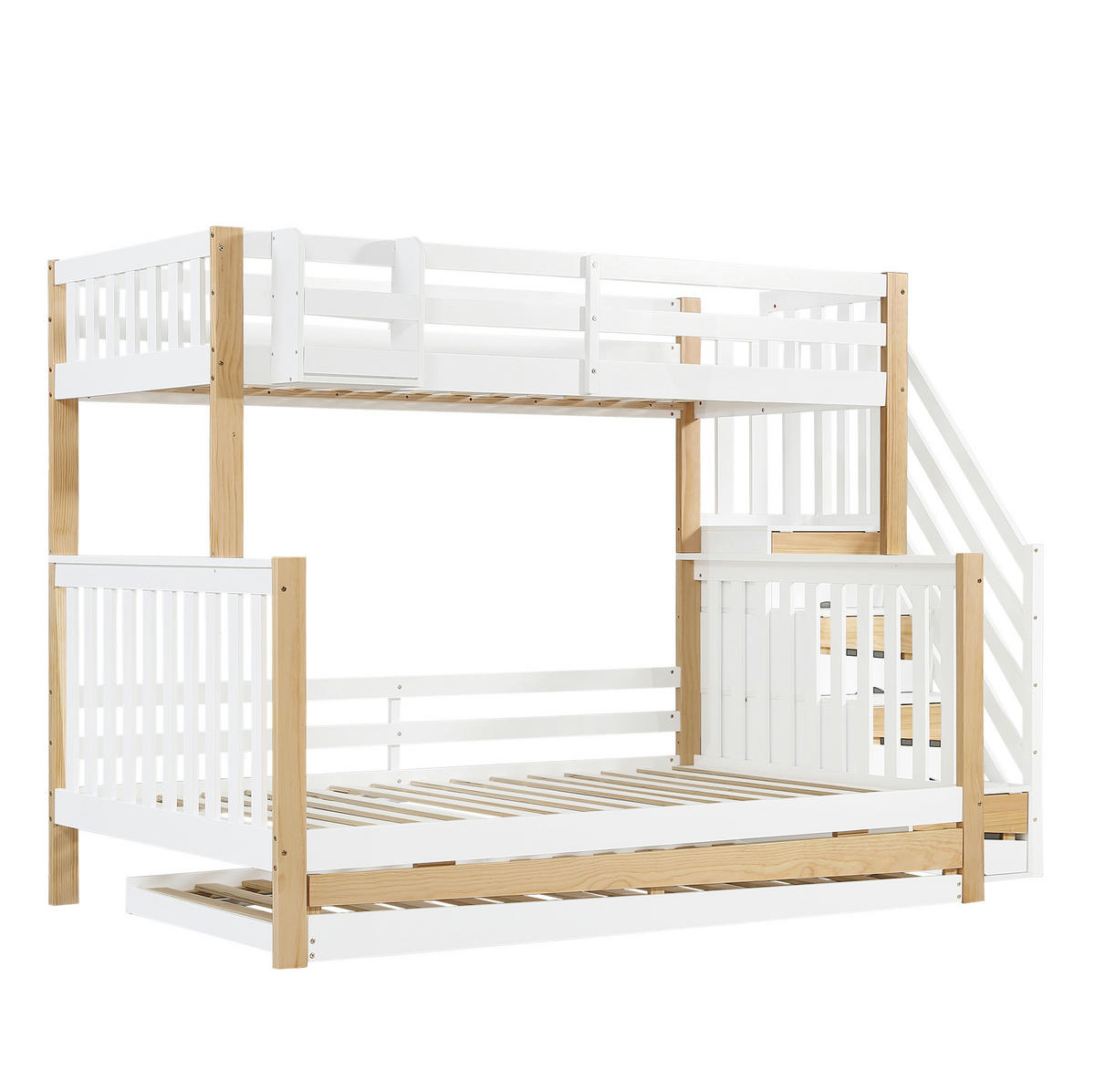 ETAGENBETT 90/200 & 120/200 cm mit Rollbett, Stauraumtreppe und Regal, Kiefer/MDF, Weiß/Natur - Weiß, Holz (90/200cm) - Redom