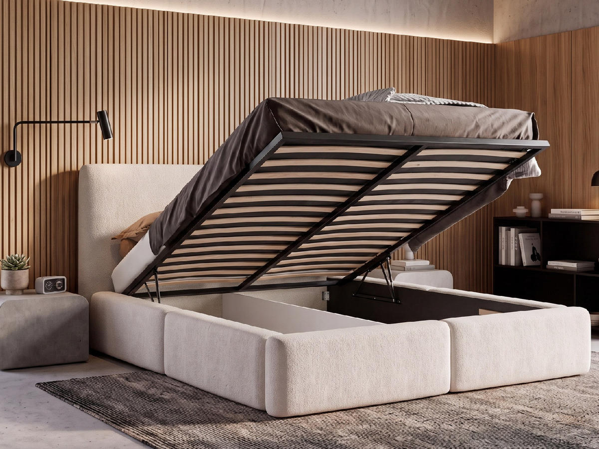 POLSTERBETT LIVIA 200x200 cm mit Bettkasten, Stauraum und Metall-Lattenrost – Bouclé Stoff Creme - Creme/Schwarz, Textil/Metall (200/200cm) - Luxkor24