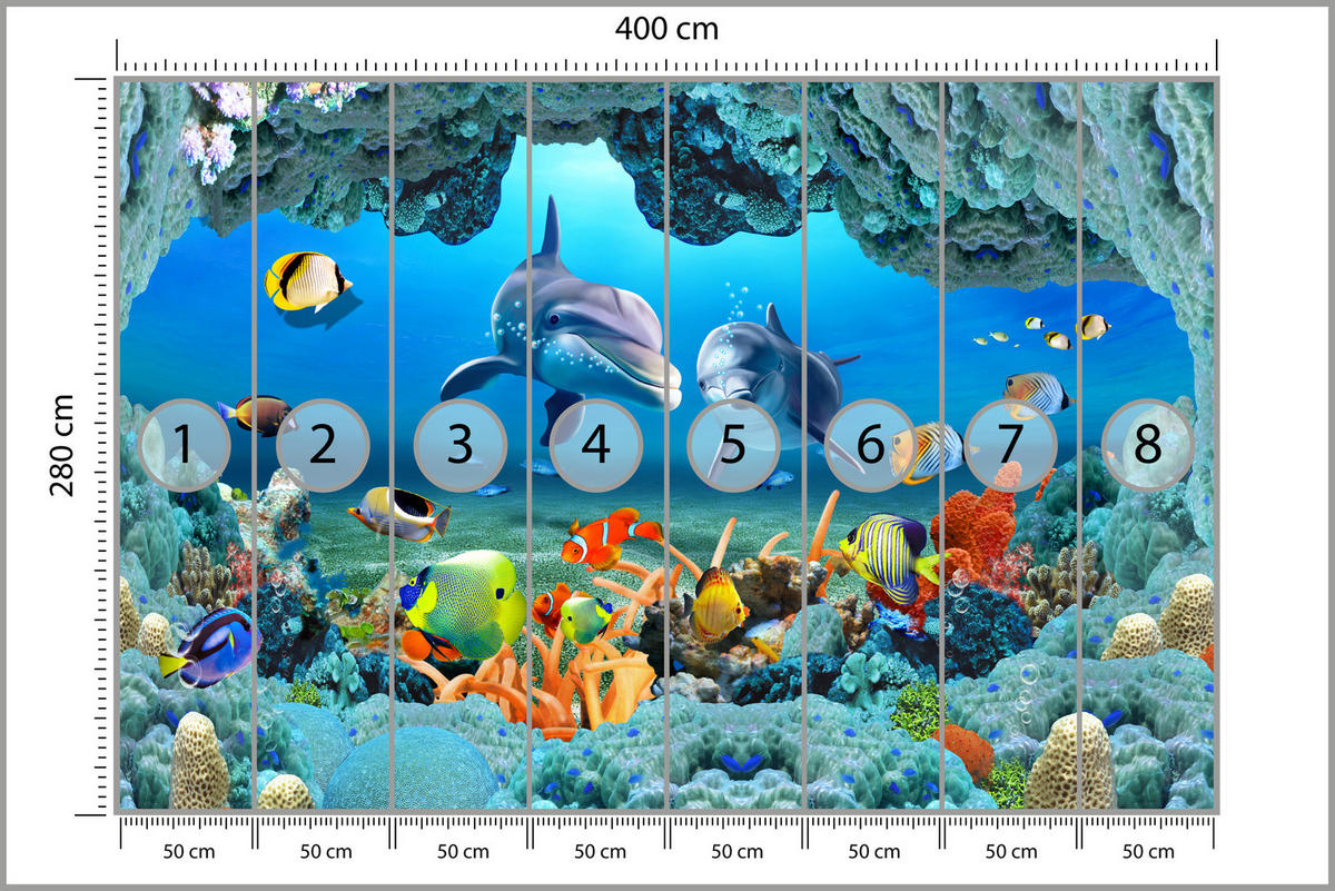 FOTOTAPETE für Badezimmer Unterwasser Korallenriff Delfin Fisch 400x280 - Türkis/Gelb, Papier (400/280cm) - Muralo