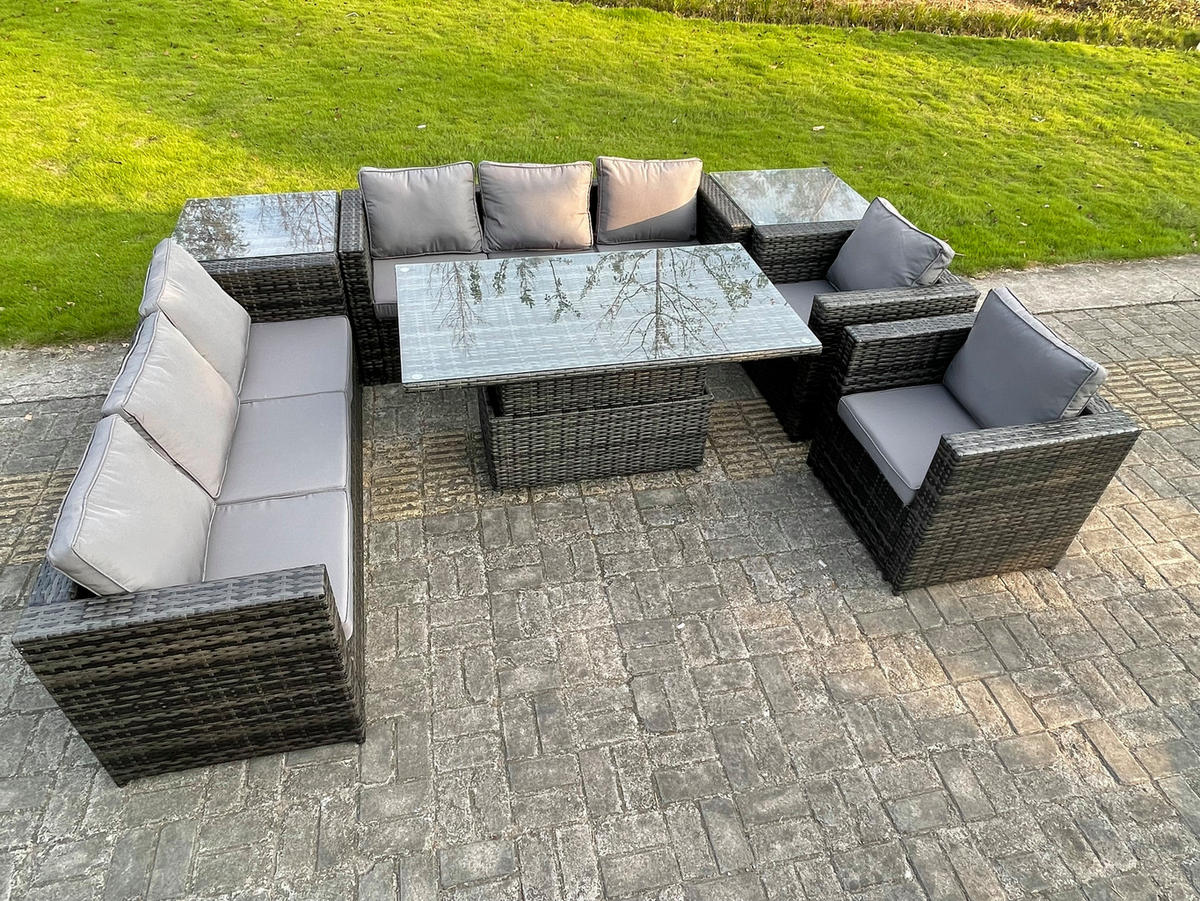GARTENSOFA SET Polyrattan Dunkelgrau 8-Sitzer - Dunkelgrau/Grau, Metall - Fimous