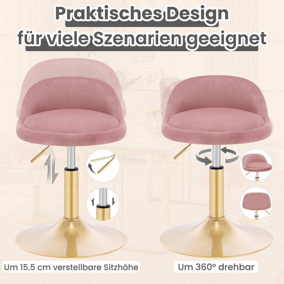 BARHOCKER 2er Set Drehhocker, Samt, Rosa+Gold - Goldfarben/Rosa, Kunststoff/Textil (38.5/49.5/43cm) - Woltu