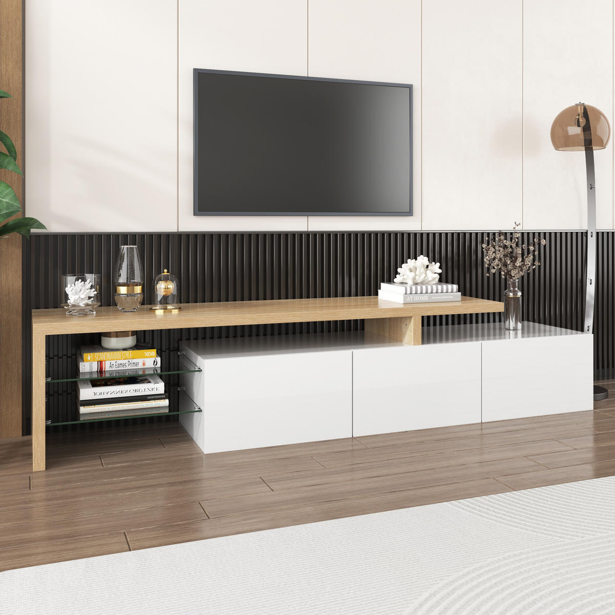 TV-SCHRANK 197,5/39/42 cm hochglänzend Weiß und Holzoptik mit Glasböden und LED-Beleuchtung - Weiß, Holzwerkstoff (197.5/42/39cm) - OKWISH