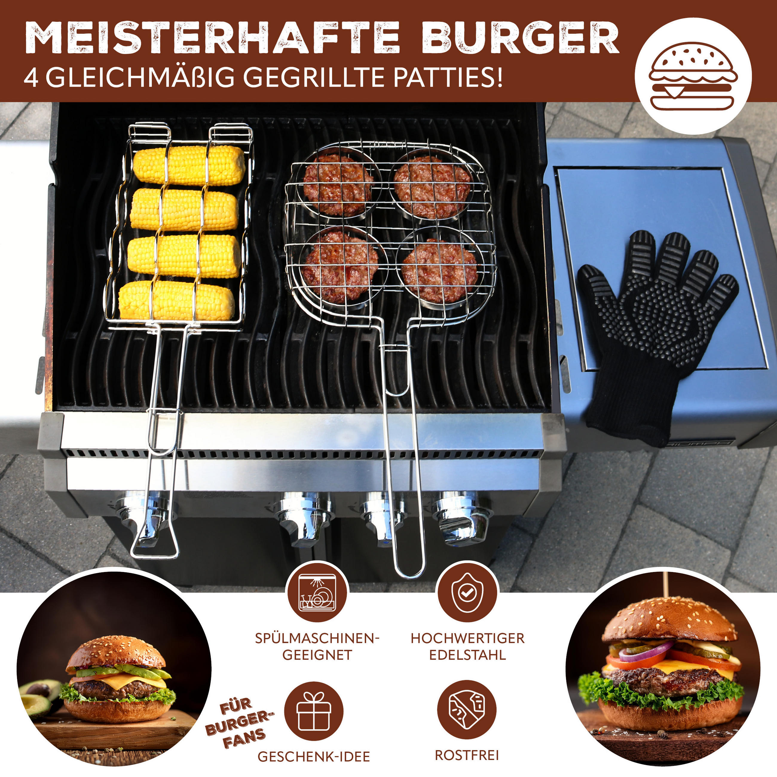 BURGER-GRILLHALTER, silber, Edelstahl - Edelstahlfarben, Metall (26/26/57cm) - bremermann