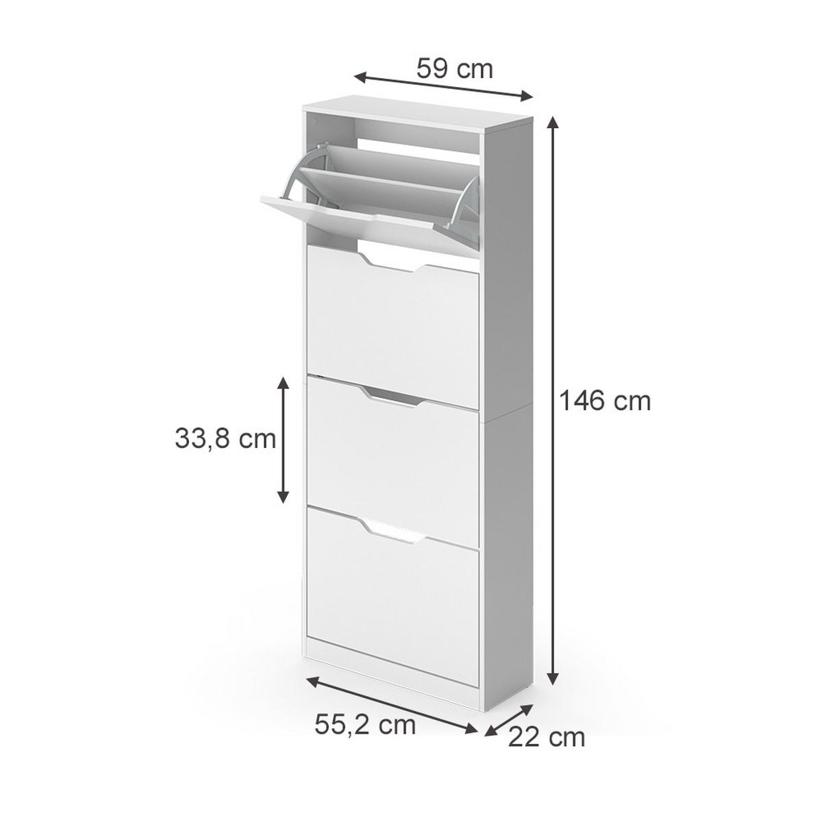 SCHUHKIPPER Luca, Weiß, 59 x 146 cm mit 4 Kippfächern - Weiß, Holzwerkstoff (59/146/22cm) - Vicco