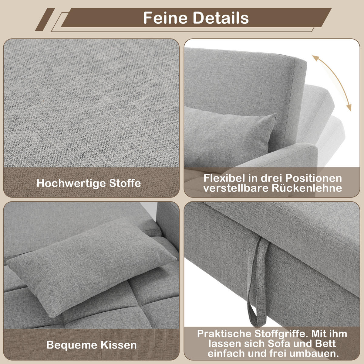SCHLAFSOFA Baumwoll-Leinen mit verstellbarer Rückenlehne Antikgrau 127/75/94 cm - Grau, Textil (75/94/127cm) - Redom