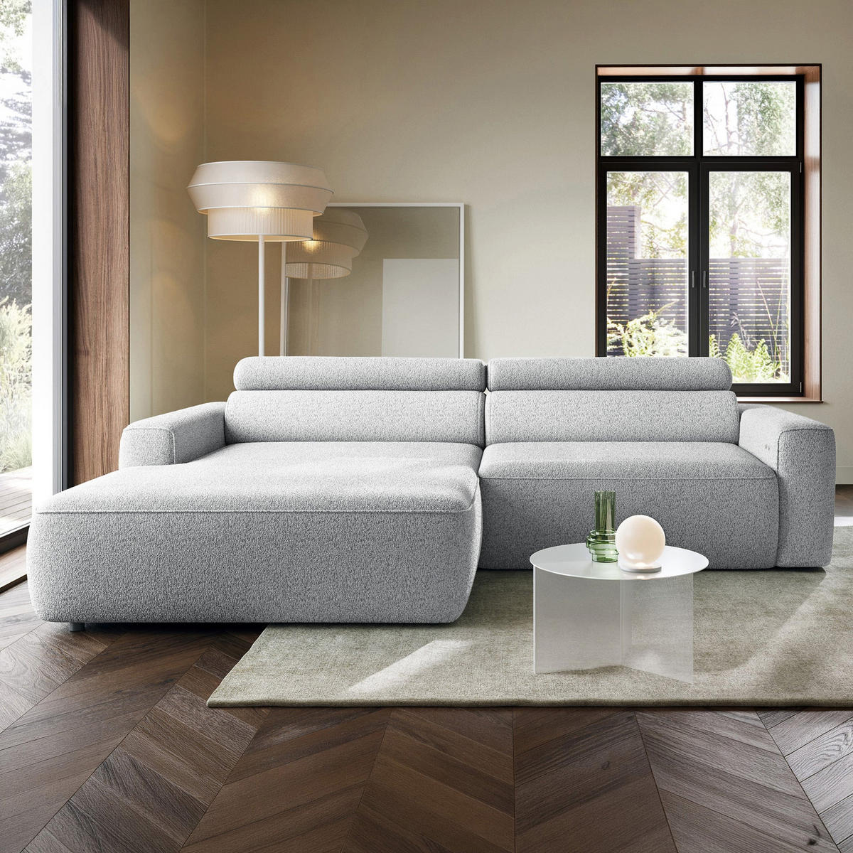 ECKSOFA Fando mit Schlaffunktion, L-Form, 4-Sitzer 252 cm, links Flechtstoff Hellgrau - Hellgrau/Schwarz, Holz/Kunststoff (252/182cm) - Selsey