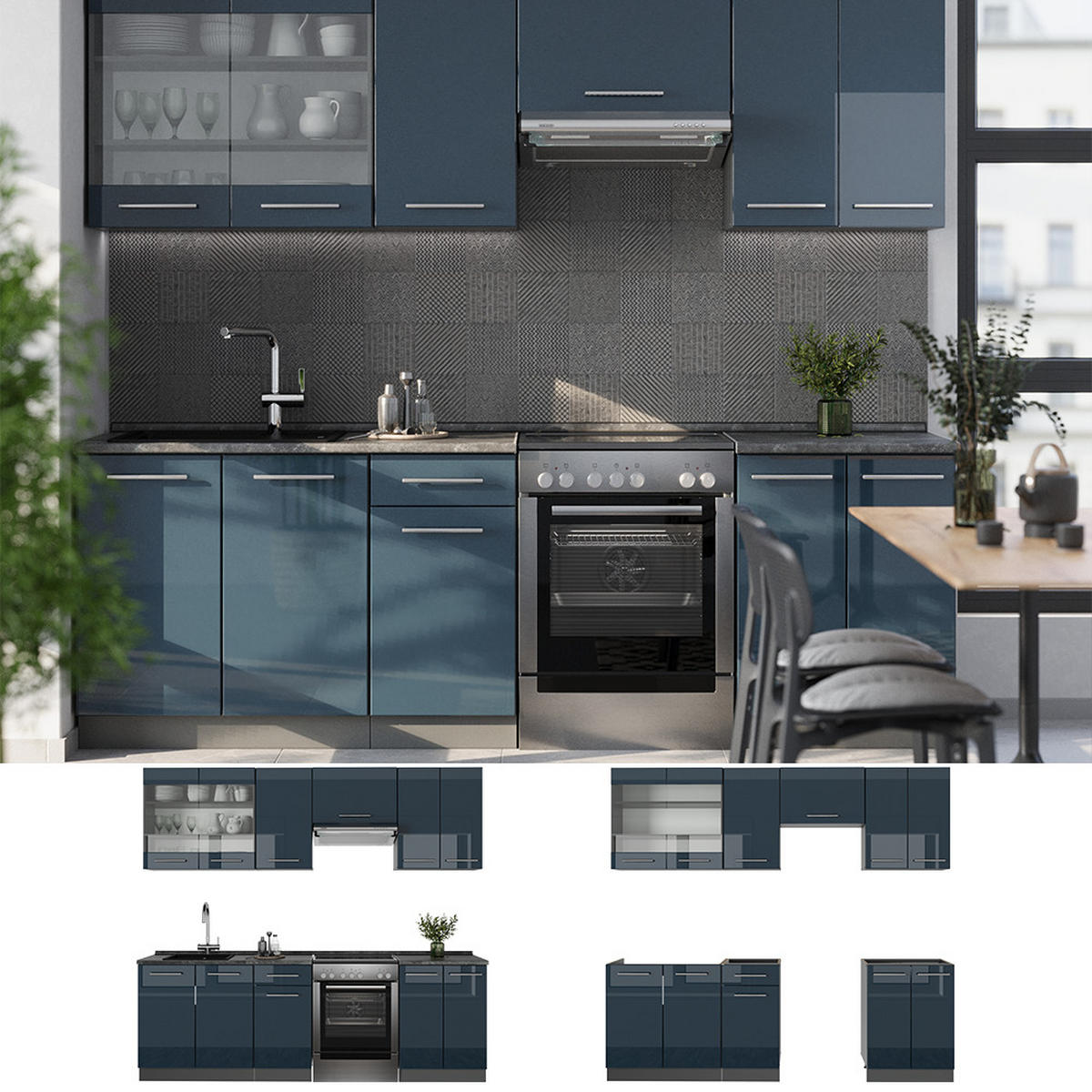 KÜCHENZEILE Fame-Line Dunkelblau Hochglanz/Anthrazit 240 cm, AP Eiche - Anthrazit/Dunkelblau, Holzwerkstoff (240/81.6/60cm) - Vicco