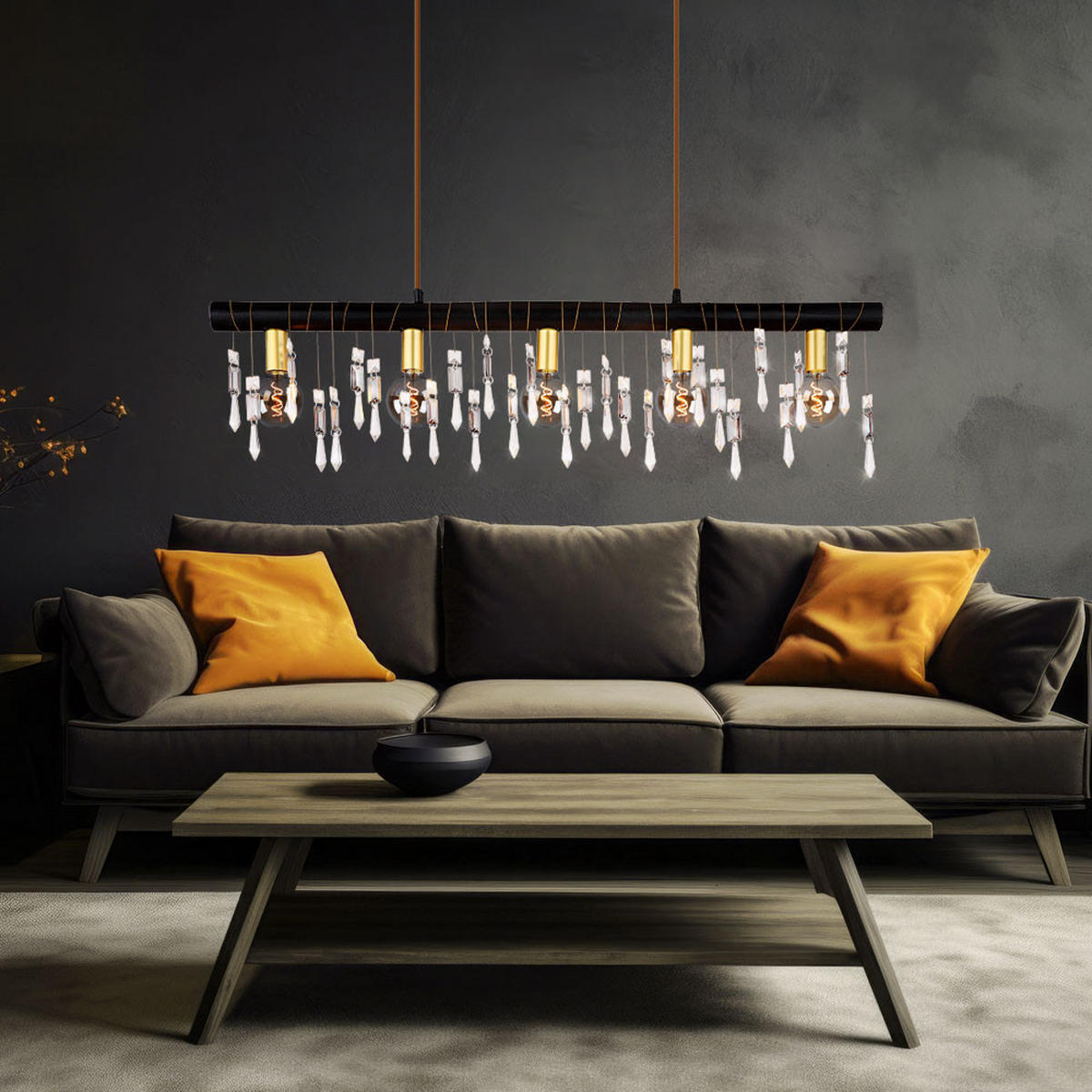 HÄNGELEUCHTE Glaskristalle Schwarz Textilkabel - Schwarz, Holz (90/6/120cm) - Globo Lighting