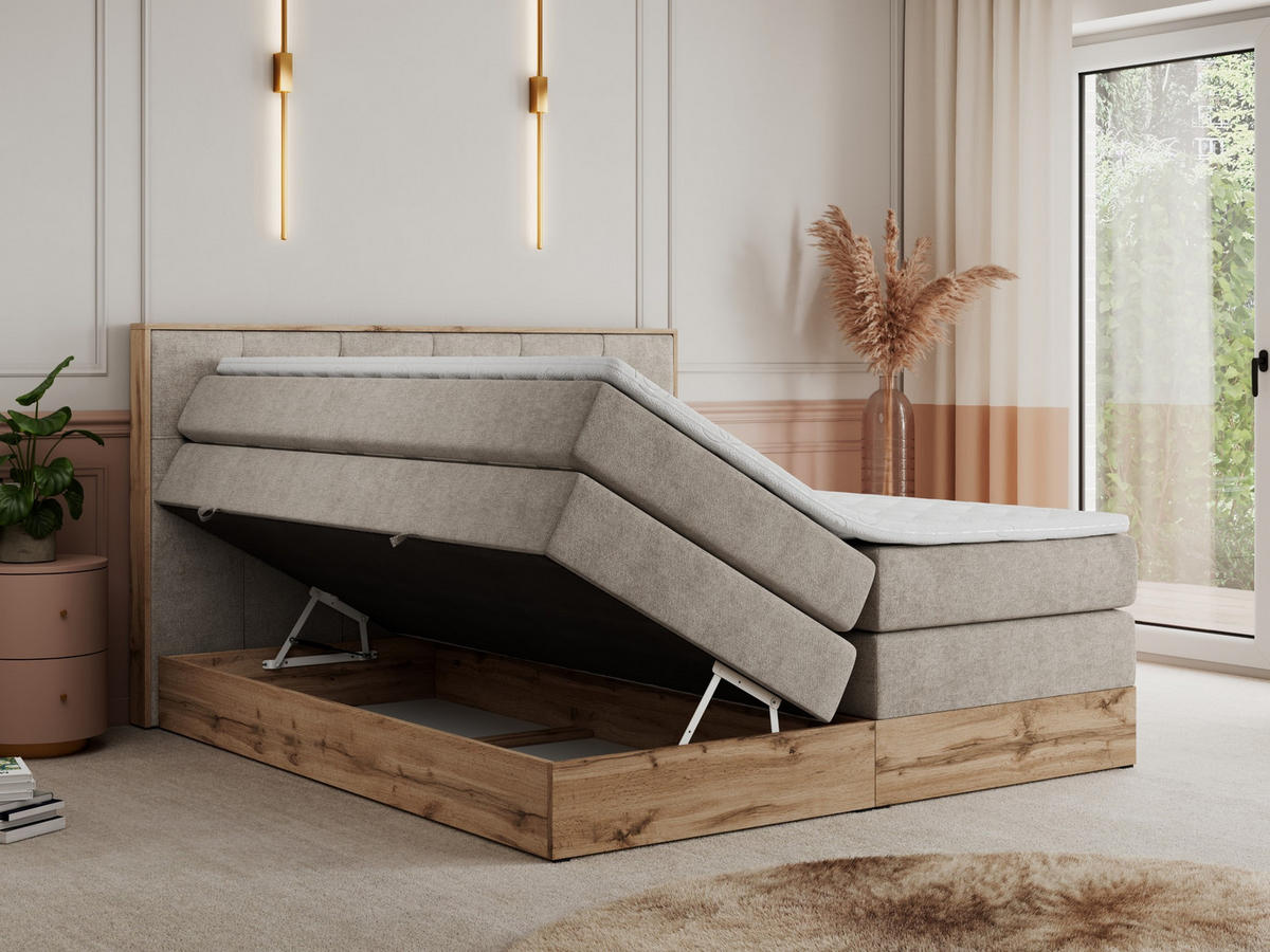 BOXSPRINGBETT VENETO KING 140/200 Beige Struktur - H4 - Beige, Holz/Textil (140/200cm) - MKS