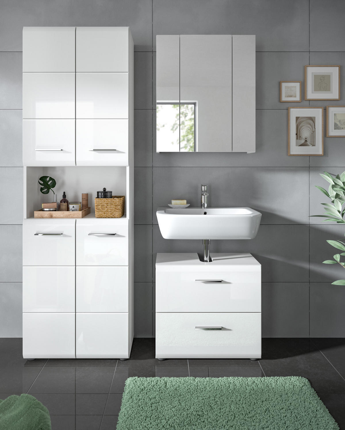 BADMÖBEL-SET weiß Hochglanz, Badkombination 2-teilig 60 cm - Weiß Hochglanz/Silberfarben, Glas/Holzwerkstoff (60/185/30cm) - Inn.Furn