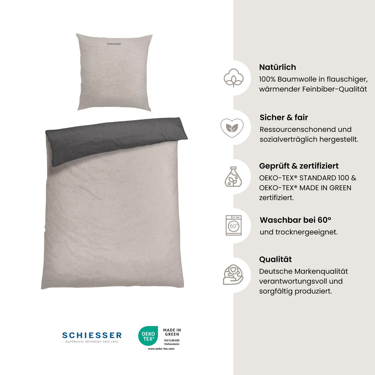 BETTWÄSCHESET Doubleface - Feinbiber - 2-teilig - 155 x 220 cm - Hellgrau-Dunkelgrau - Dunkelgrau, Textil (155/220cm) - SCHIESSER