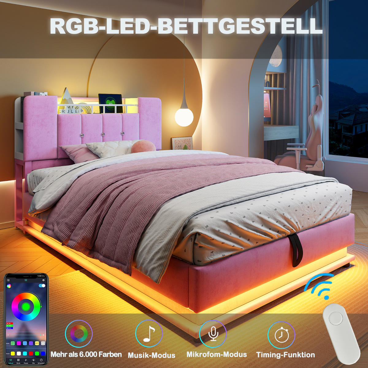 POLSTERBETT 90/200 cm Pink mit LED-Beleuchtung und Stauraum aus Samt - Rosa, Textil (90/200cm) - OKWISH