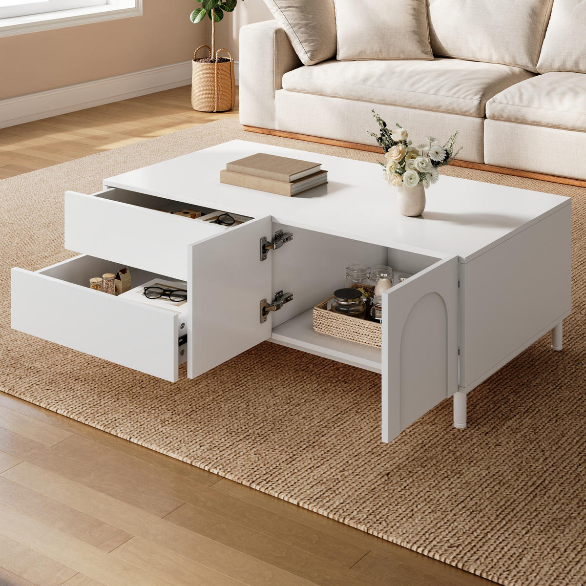 COUCHTISCH Stauraum Rechteckig Bogen Türen Modern - Weiß, Holzwerkstoff (50/100/39.5cm) - FLIEKS