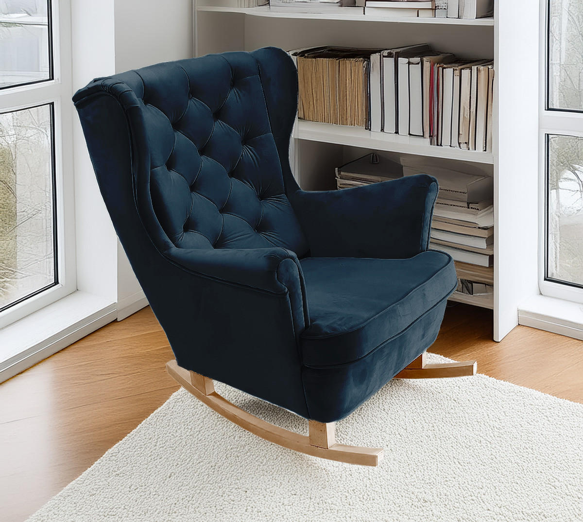 SCHAUKELSESSEL mit gepolstertem Sitz und Armlehnen, 102x81x95 cm, Marineblau_29865 - Blau/Buchefarben, Holz/Textil (81/102/95cm) - DomoHome