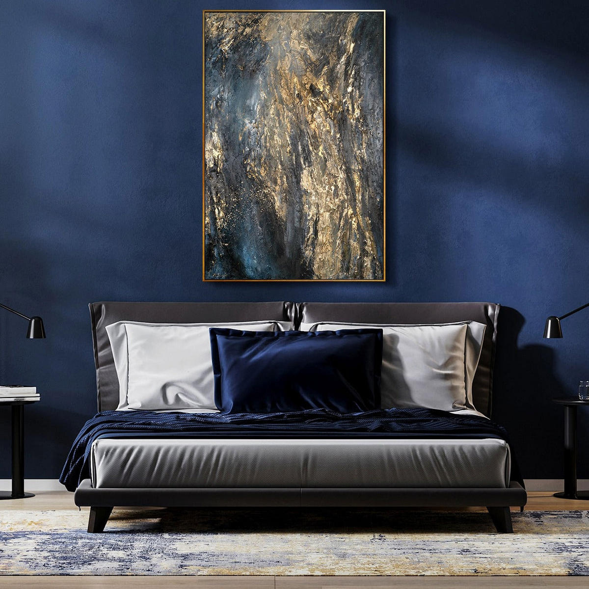 GEMÄLDE Azurblau Schattenfugenrahmen Schwarz-Gold 120x80 cm - Schwarz Hochglanz, Holz (120/80cm) - YS-art gallery