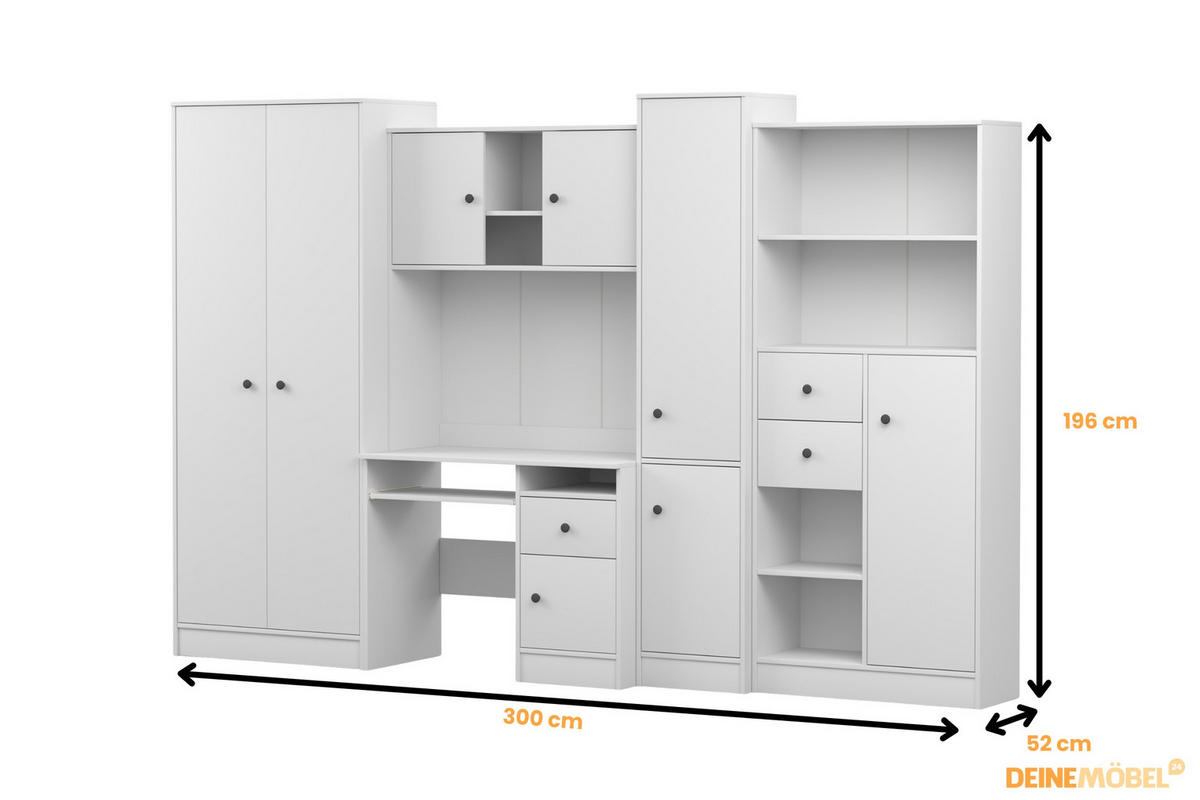KINDERZIMMER OSCAR Korpus Weiß | Griffe Anthrazit - Anthrazit/Weiß, Holzwerkstoff (300/196/52cm) - Deine Möbel 24