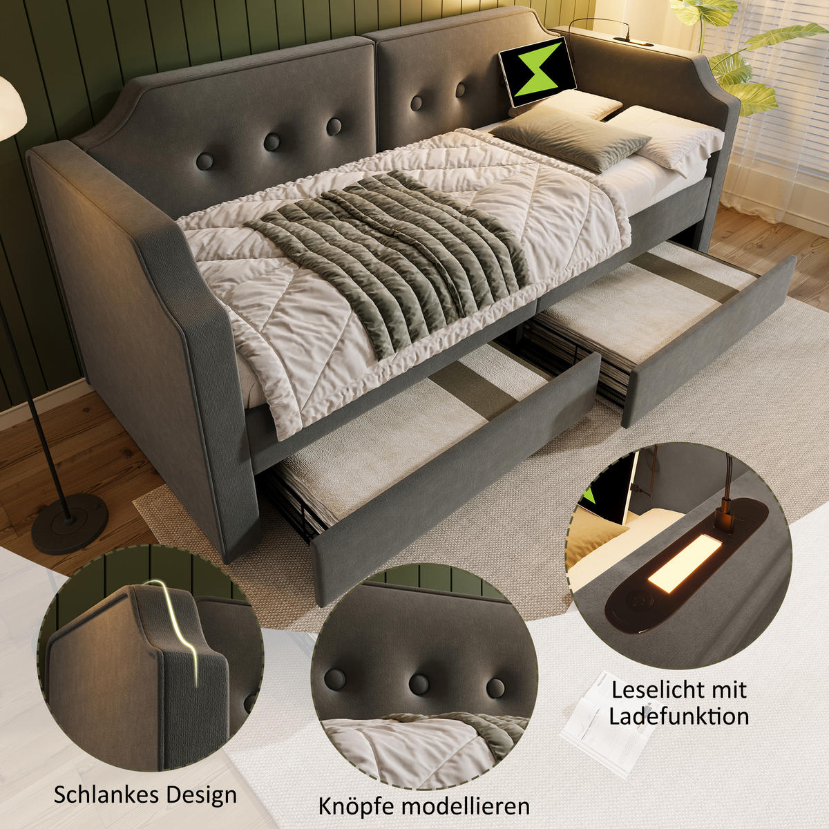 JUGENDBETT 90/200 cm in Grau Samt mit 2 Schubladen, Leselampe und USB Type-C - Grau, Holzwerkstoff/Textil (90/200cm) - WISHDOR